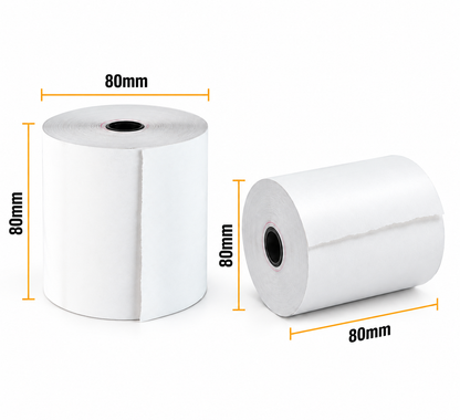 Dimension diagram of two 3-1/8" thermal paper rolls labelled 80 mm wide and 80 mm in diameter