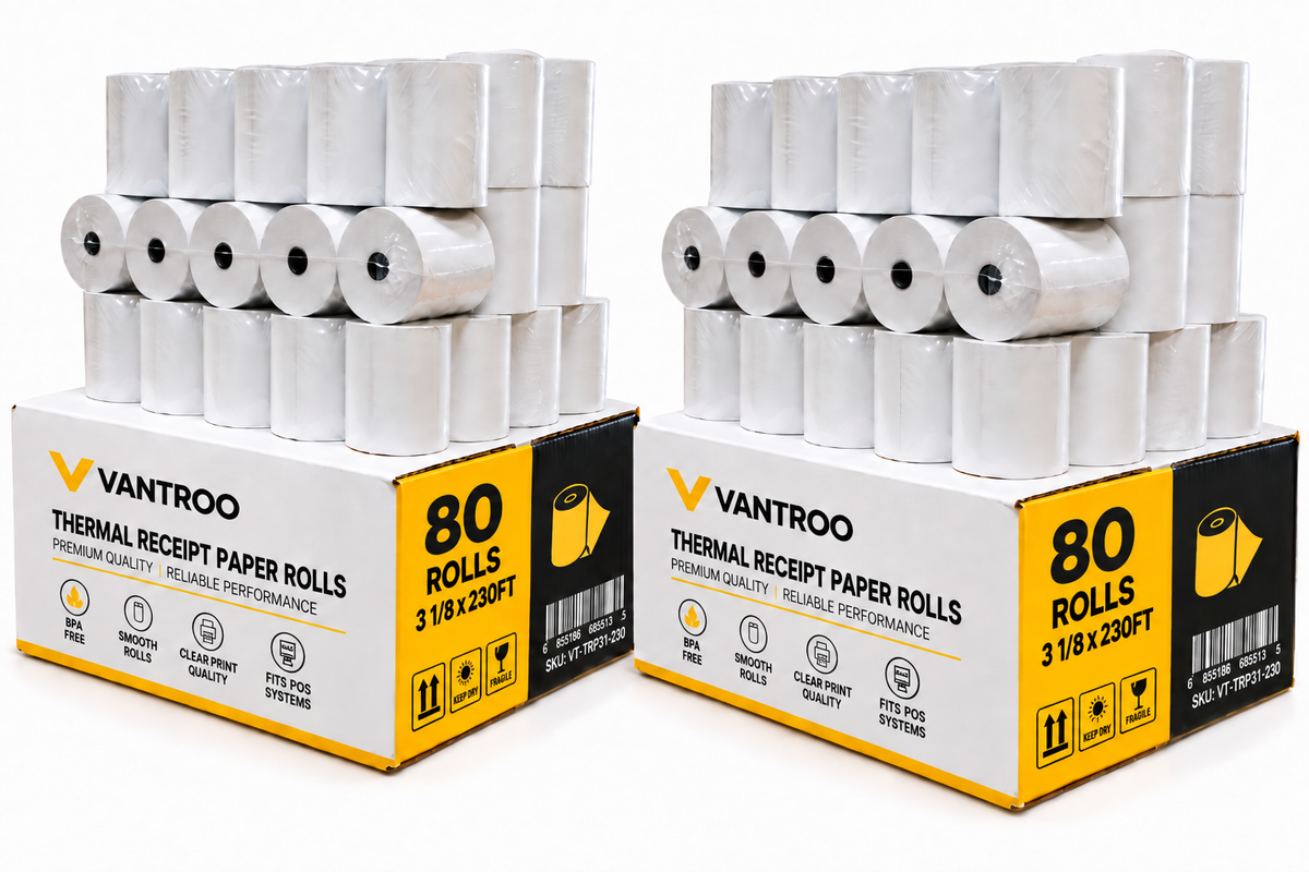 VANTROO 3-1/8" x 230' thermal receipt paper rolls, 80 pack: 80-roll boxes with stacked rolls