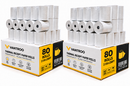 VANTROO 3-1/8" x 230' thermal receipt paper rolls, 80 pack: 80-roll boxes with stacked rolls