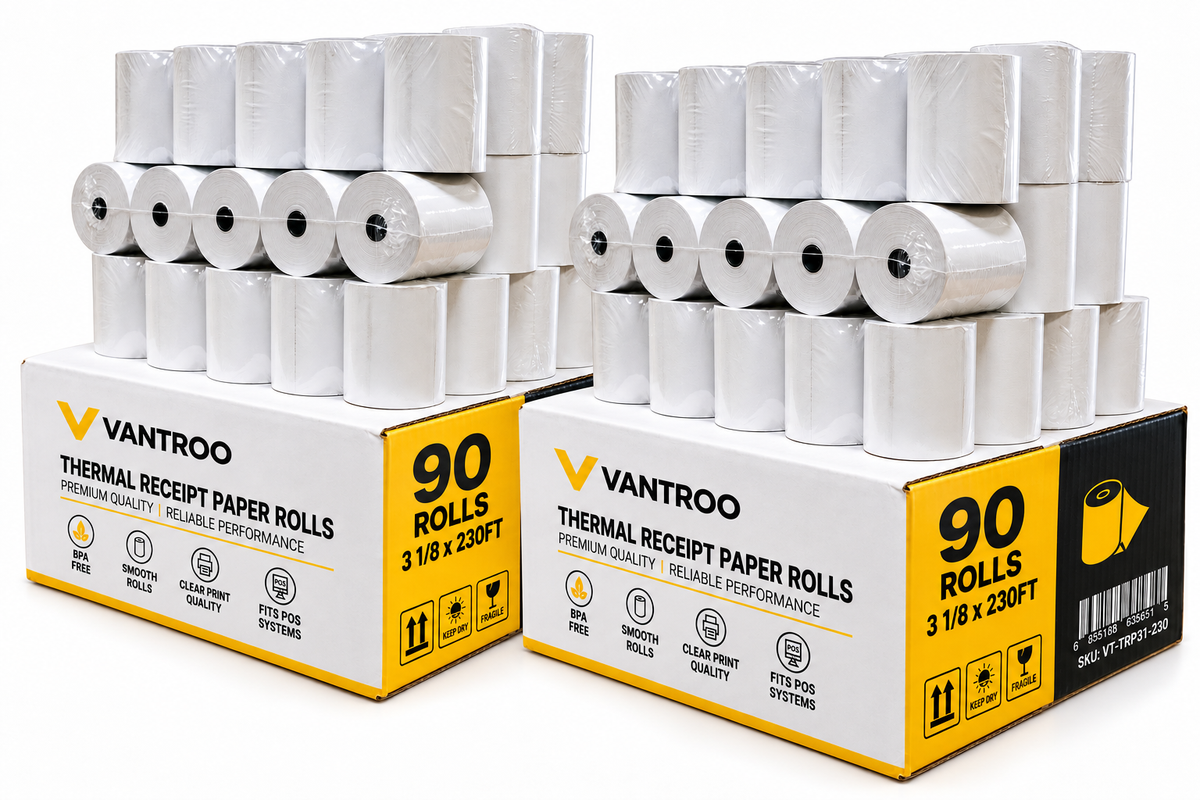 VANTROO 3-1/8" x 230' thermal receipt paper rolls, 90 pack: 90-roll boxes with stacked rolls