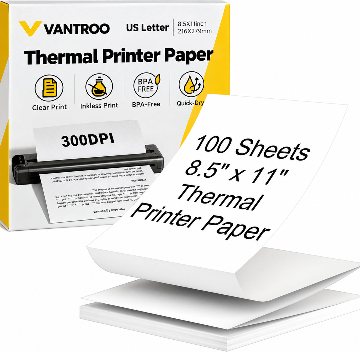 VANTROO 8.5" x 11" US Letter thermal printer paper, 100 sheets: box, portable printer and folded sheets