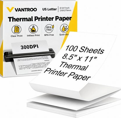 VANTROO 8.5" x 11" US Letter thermal printer paper, 100 sheets: box, portable printer and folded sheets
