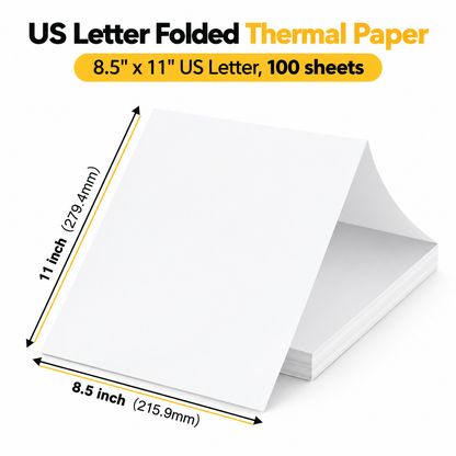 8.5" x 11" US Letter folded thermal paper, 100 sheets, with dimensions 215.9 x 279.4 mm