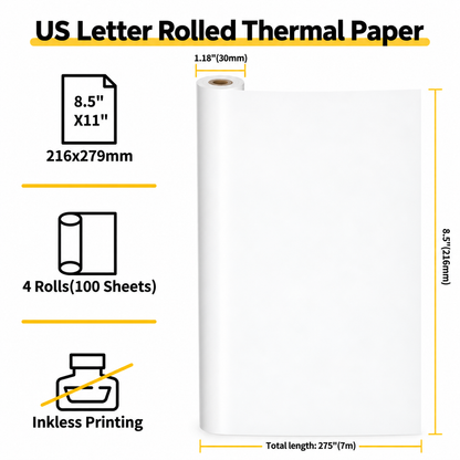 8.5" x 11" rolled thermal paper details: 216 x 279 mm, 4 rolls (100 sheets), 30 mm core, 7 m length, inkless