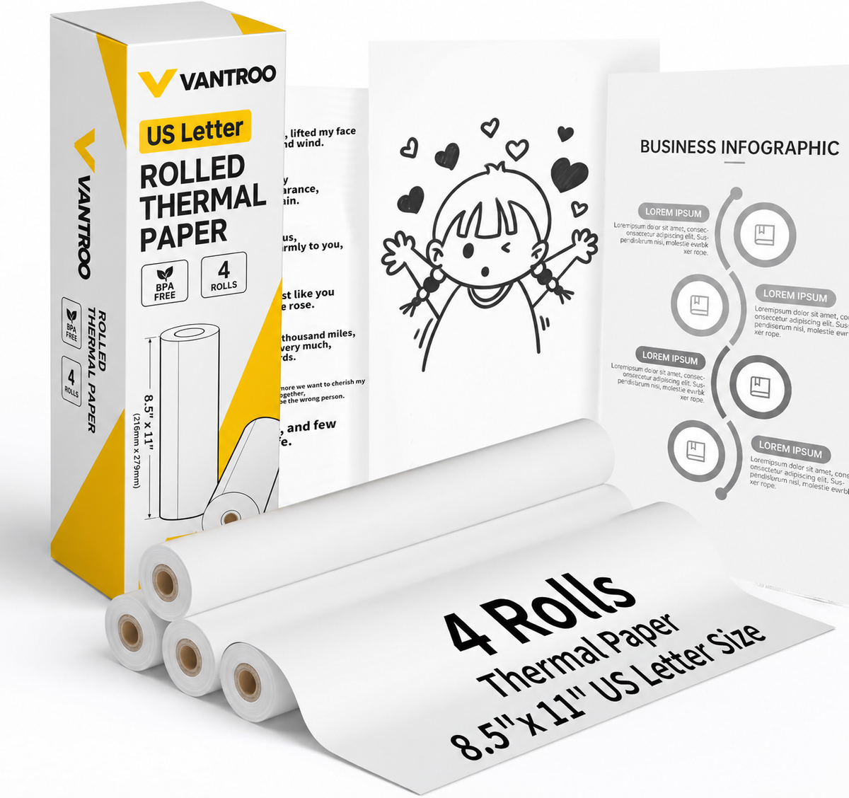 VANTROO 8.5" x 11" US Letter rolled thermal paper, 4 rolls: box, rolls and sample printouts