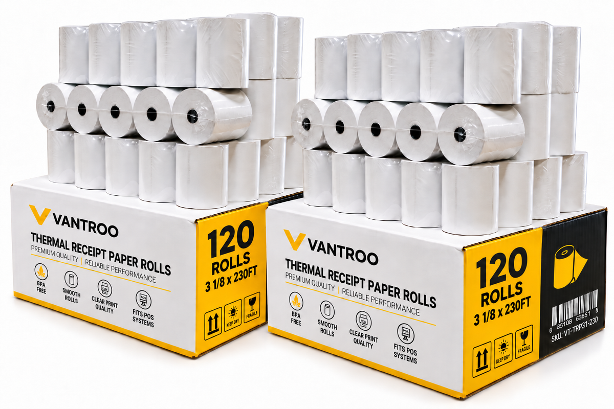 VANTROO 3-1/8" x 230' thermal receipt paper rolls, 120 pack: 120-roll boxes with stacked rolls