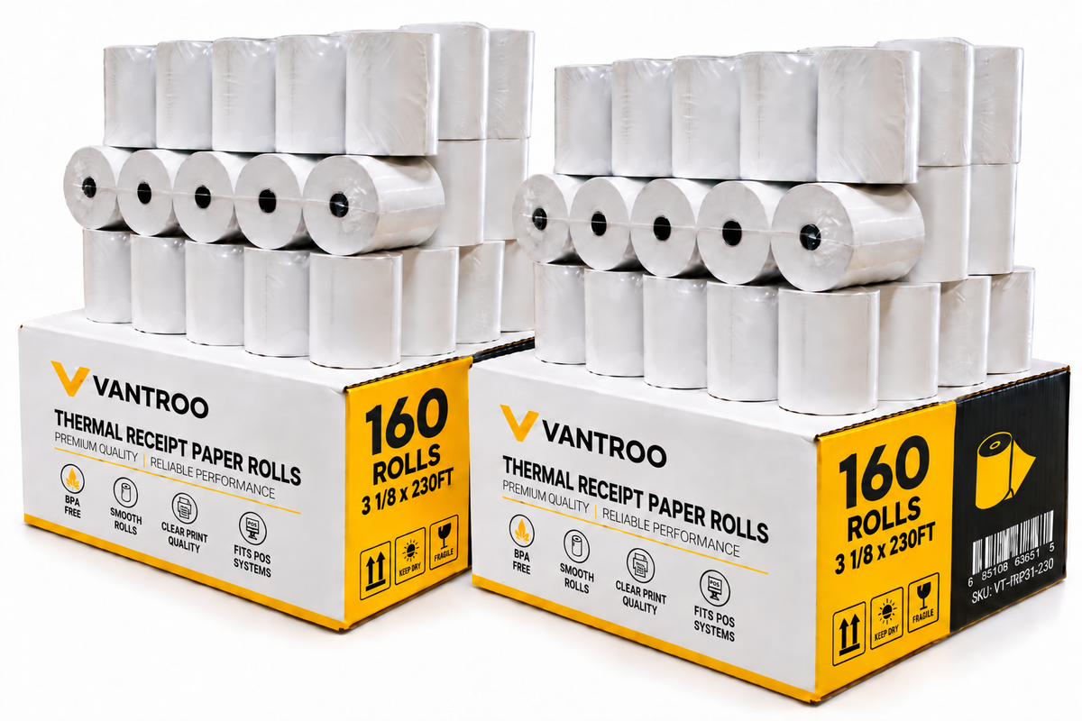 VANTROO 3-1/8" x 230' (80mm) thermal receipt paper rolls, 160 pack