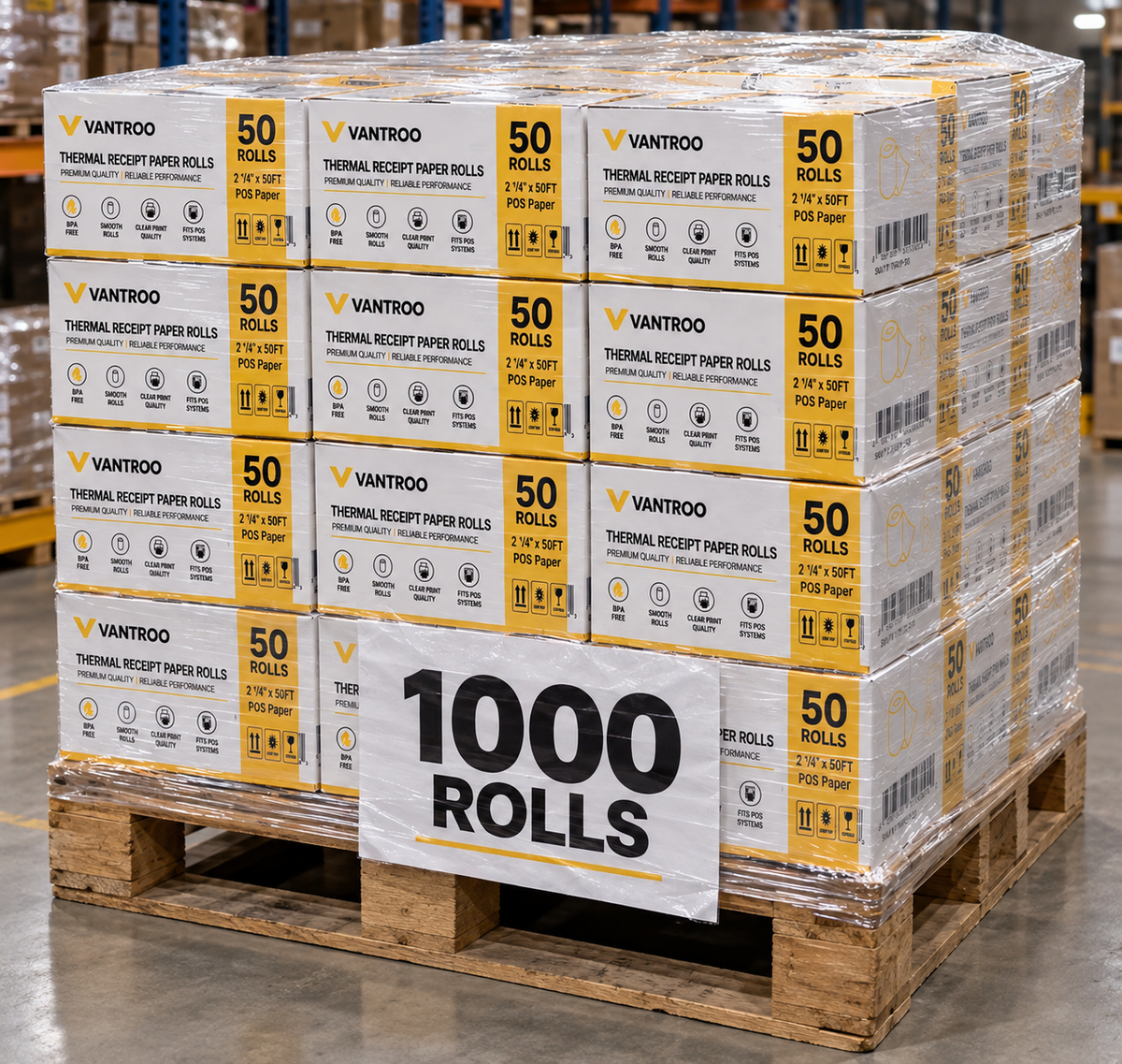 Pallet of VANTROO 2-1/4" x 50' thermal paper rolls in 50-roll boxes, labelled 1000 rolls