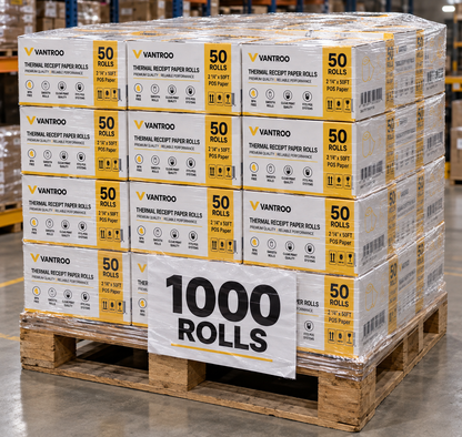 Pallet of VANTROO 2-1/4" x 50' thermal paper rolls in 50-roll boxes, labelled 1000 rolls