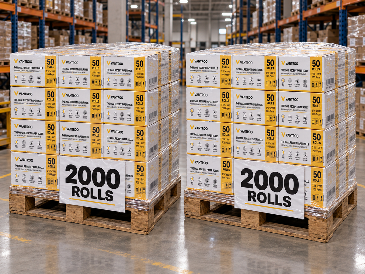 Two pallets of VANTROO 2-1/4" thermal paper rolls in 50-roll boxes, labelled 2000 rolls, in a warehouse