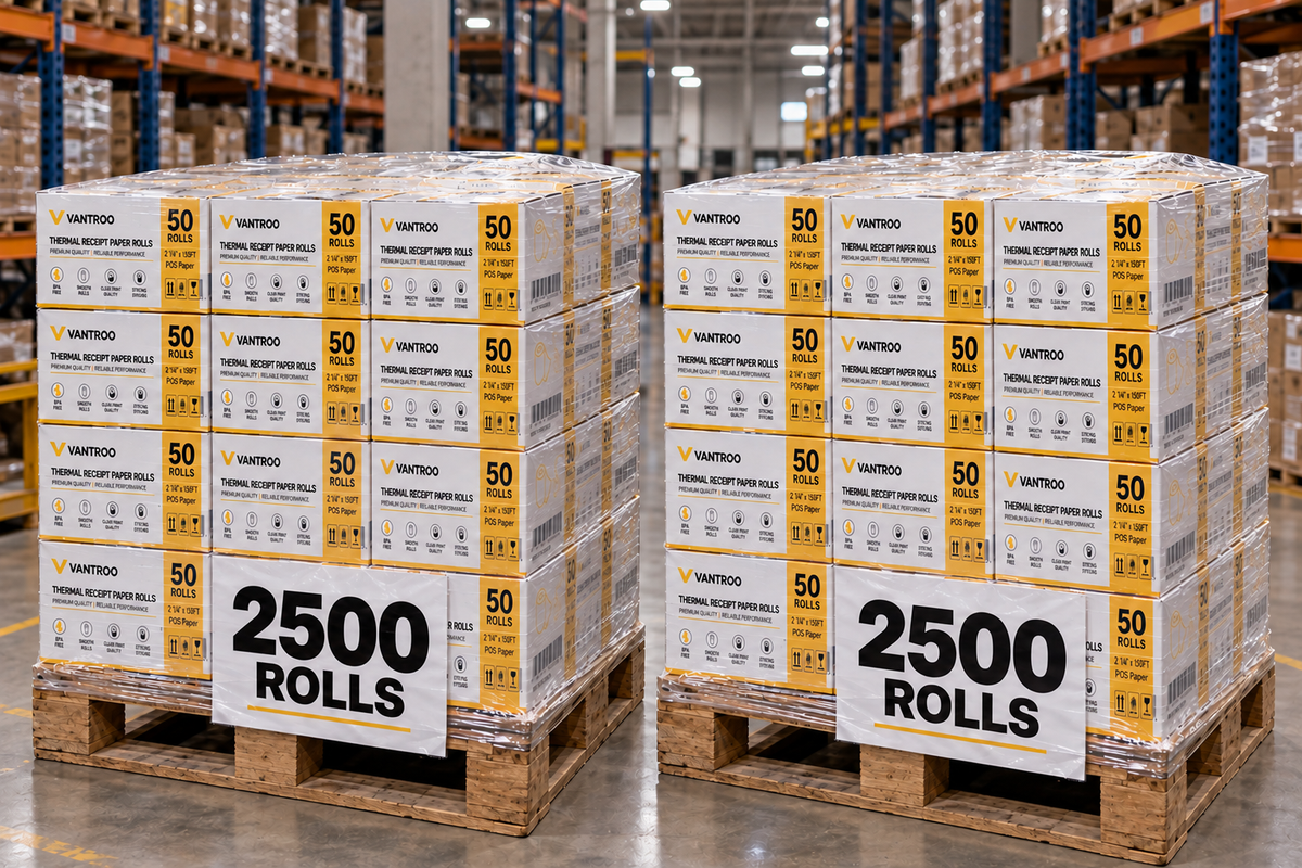 Two pallets of VANTROO 2-1/4" thermal paper rolls in 50-roll boxes, labelled 2500 rolls, in a warehouse