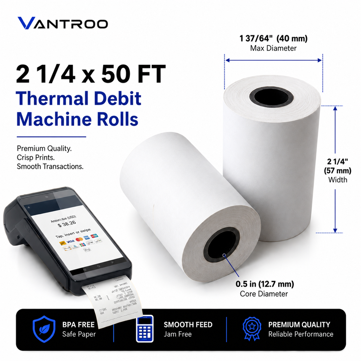 2-1/4" x 50' Thermal Receipt Paper Rolls | 50 Pack | BPA Free | VANTROO