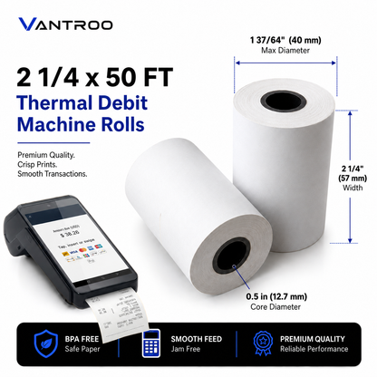 2-1/4" x 50' Thermal Receipt Paper Rolls | 50 Pack | BPA Free | VANTROO