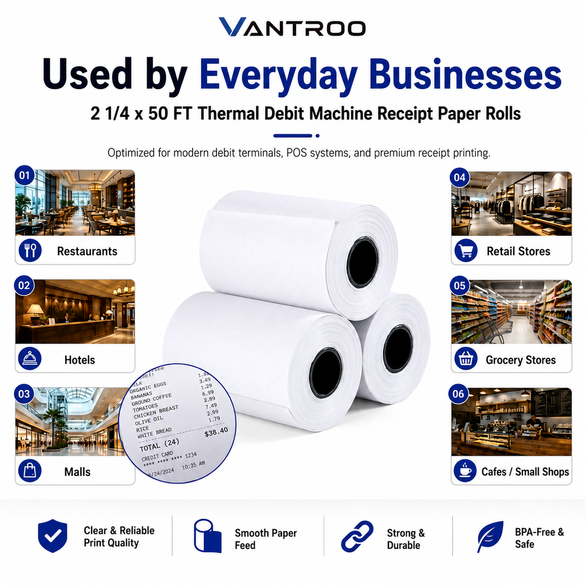 Commercial Grade Thermal Receipt Paper Rolls for Retail Stores, Restaurants and Small Businesses
BPA-Free Thermal Receipt Paper Rolls for Cash Registers, POS Systems and Credit Card Machines
Professional Thermal Receipt Paper Rolls with Crisp Printing and Smooth Feeding
Premium POS Receipt Paper Rolls for Retail Checkout and Mobile Payment Terminals
Universal Thermal Receipt Paper Rolls for Credit Card Machines and Receipt Printers
High-Quality BPA-Free Thermal Receipt Paper for Commercial Business Printing