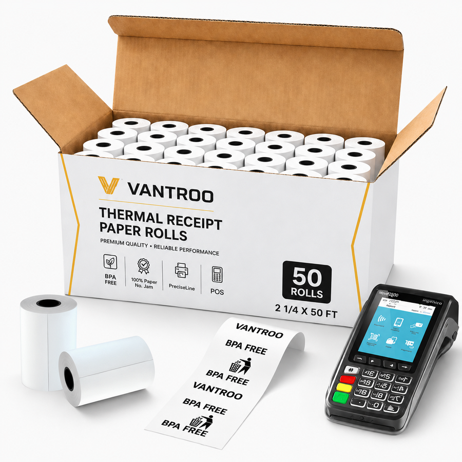 2-1/4" x 50' Thermal Receipt Paper Rolls | 50 Pack | BPA Free | VANTROO