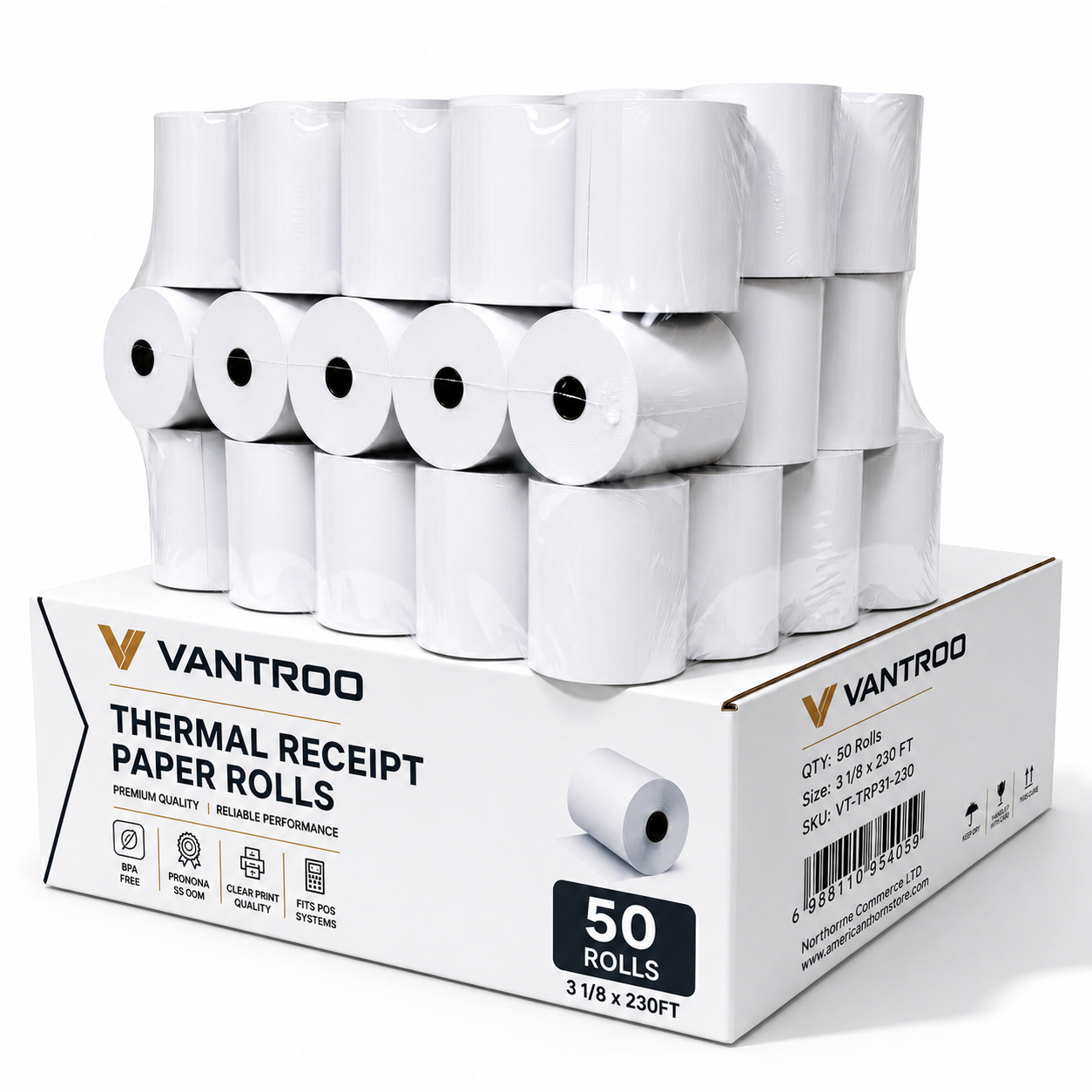 3 1/8" x 230' BPA Free Thermal Receipt Paper Rolls - 50 Rolls Case for POS Cash Registers Rolls