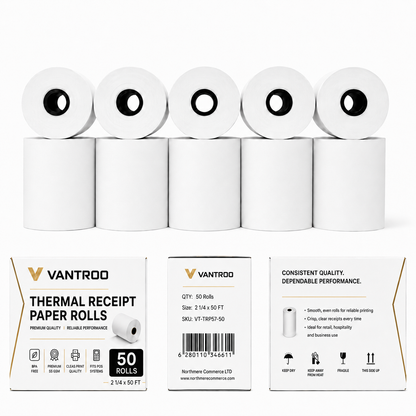 2-1/4" x 50' Thermal Credit Card Receipt Rolls – 50 Rolls | 48 GSM | BPA FREE | VANTROO