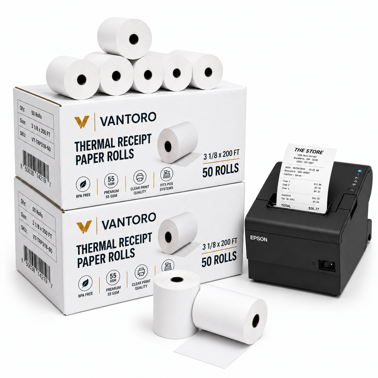 3-1/8" x 200' Thermal Receipt Paper Rolls | Pack of 100| BPA FREE- POS Receiptrolls® by VANTROO