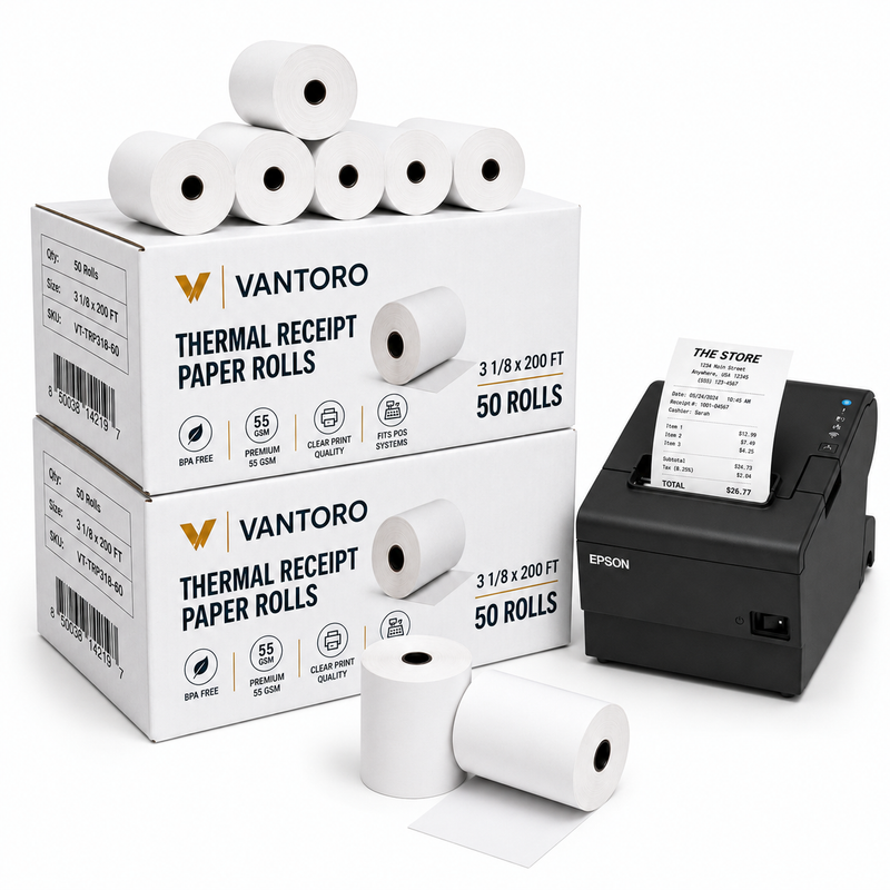 3-1/8" x 200' Thermal Receipt Paper Rolls | Pack of 100| BPA FREE- POS Receiptrolls® by VANTROO