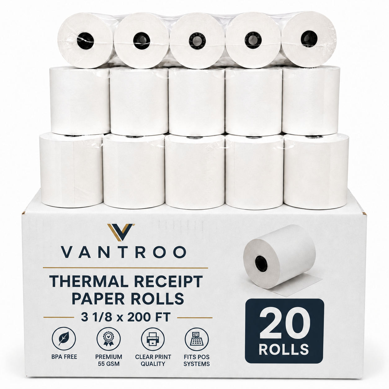 VANTROO 3 1/8 x 200 ft BPA-free thermal receipt paper rolls, 20 pack, 80mm POS receipt paper for cash registers, debit and credit card machines VANTROO 3 1/8 x 200 ft BPA-free thermal receipt paper rolls, 20 pack, 80mm POS receipt paper for cash registers, debit and credit card machines