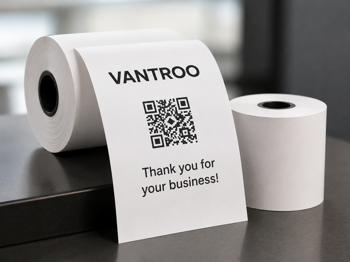 Custom printed thermal paper rolls for branded receipts.