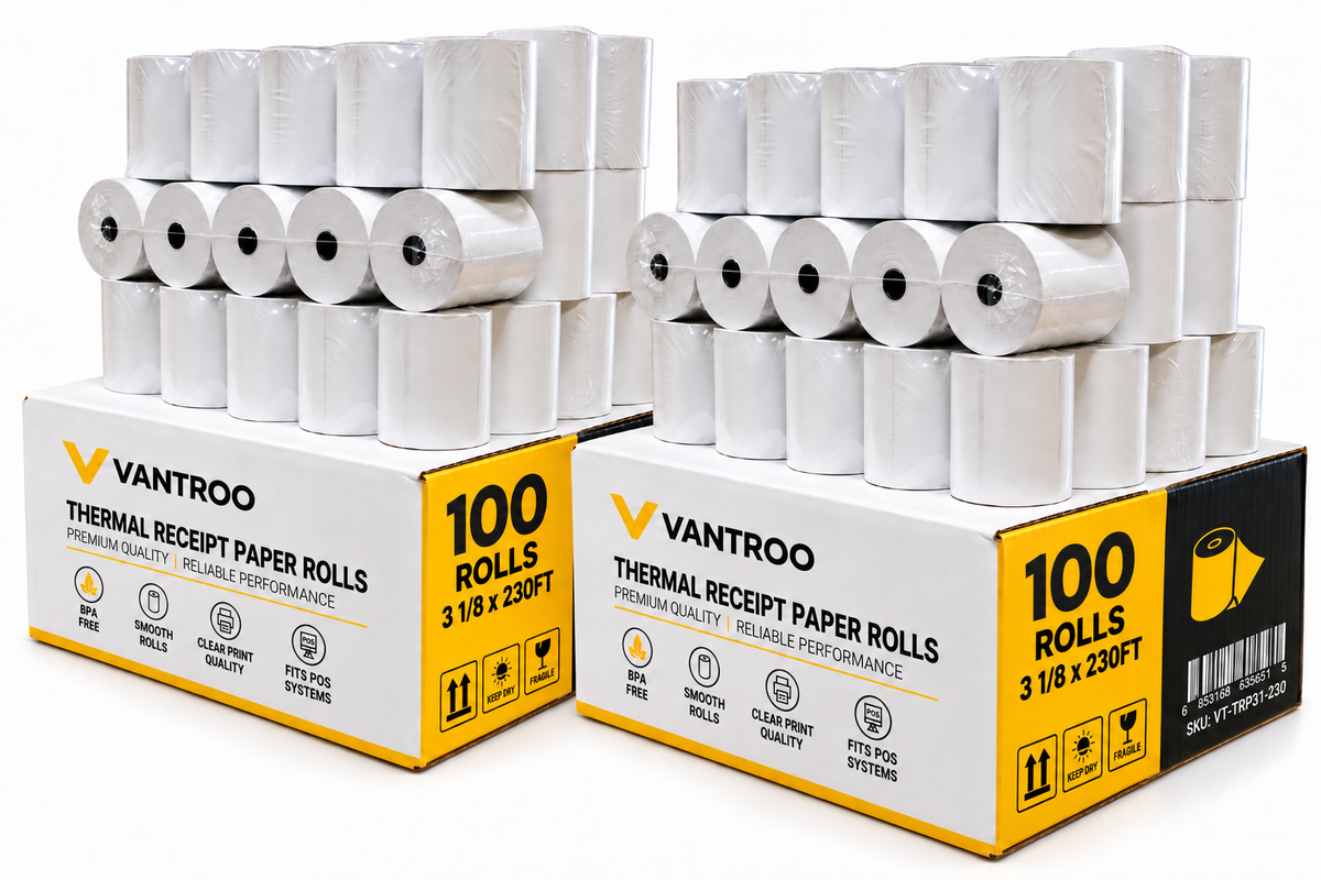 VANTROO 3-1/8" x 230' thermal receipt paper rolls, 100 pack: 100-roll boxes with stacked rolls