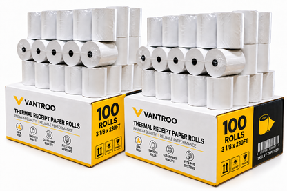 VANTROO 3-1/8" x 230' thermal receipt paper rolls, 100 pack: 100-roll boxes with stacked rolls