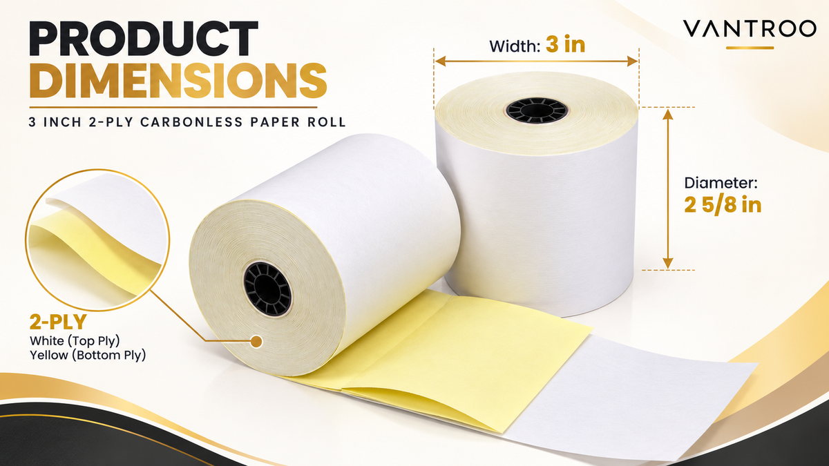 VANTROO 3" x 95' 2-ply carbonless paper rolls, white/yellow, 50 pack, product image 8