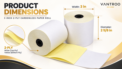 VANTROO 3" x 95' 2-ply carbonless paper rolls, white/yellow, 50 pack, product image 8