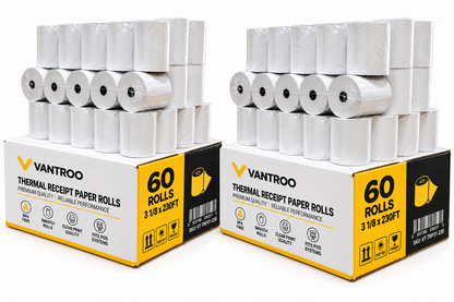 VANTROO 3-1/8" x 230' thermal receipt paper rolls, 60 pack: 60-roll boxes with stacked rolls