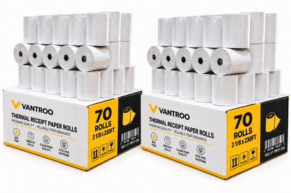 VANTROO 3-1/8" x 230' thermal receipt paper rolls, 70 pack: 70-roll boxes with stacked rolls