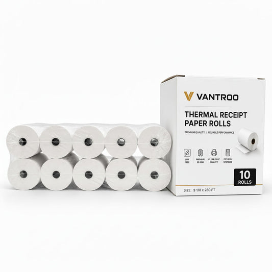 VANTROO 3-1/8" x 230' thermal receipt paper rolls, 10 pack: box and two rows of rolls