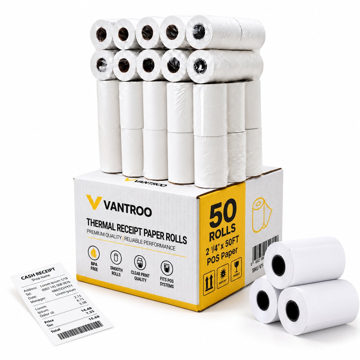 VANTROO 2-1/4 x 50 ft thermal receipt paper, 50-roll box, BPA free POS and debit machine paper rolls
