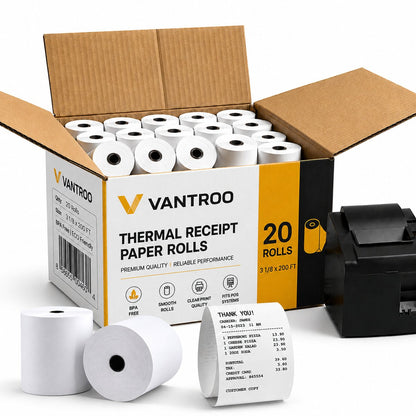 VANTROO 3 1/8 x 200 ft thermal receipt paper, 20-roll open box with printer, BPA free