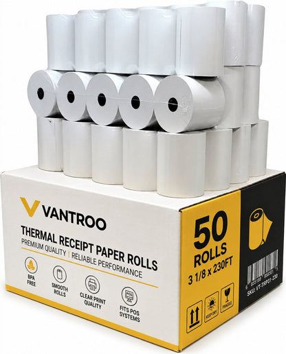 VANTROO 3 1/8 x 230 ft thermal receipt paper rolls, 50-roll box, BPA free