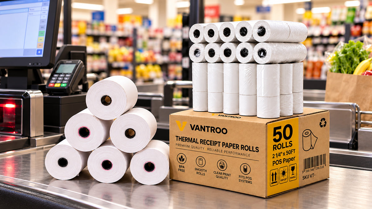 VANTROO thermal receipt paper rolls at a business checkout